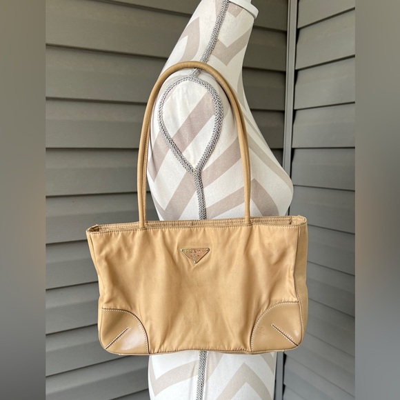 Vintage Prada Tessuto Bag Leather Edges Beige Shoulder Bag - Picture 1 of 17